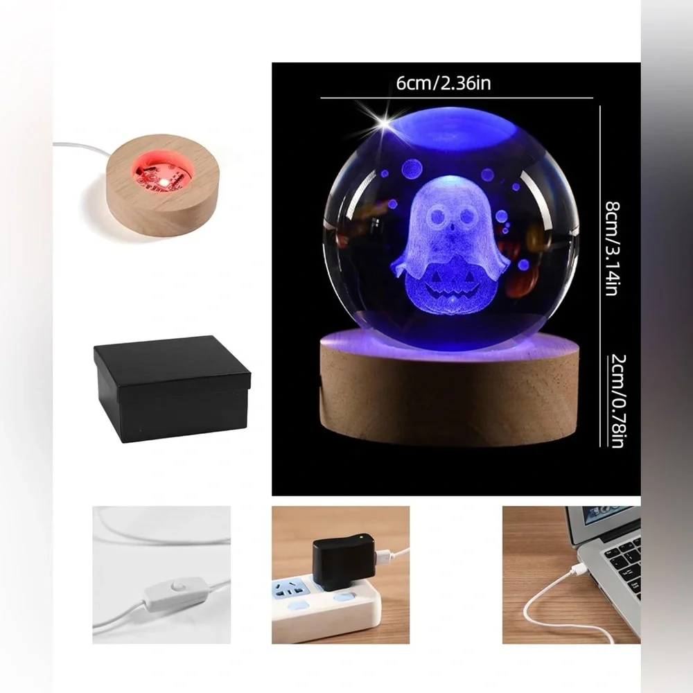 Crystal Pumpkin Ghost Ball Night Light Halloween Light Rechargeable USB Decor - Picture 3 of 6